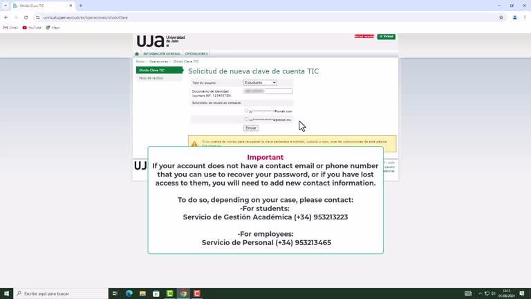 Procedure for recovering your University of Jaén TIC username and password (English)